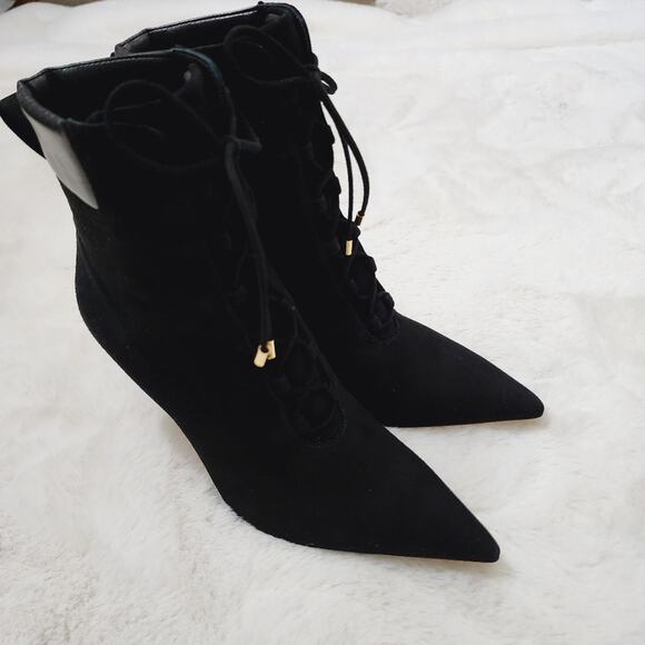 NEW Good American Scandal Black Suede Lace Up Point Toe Heeled Bootie - Picture 6 of 12